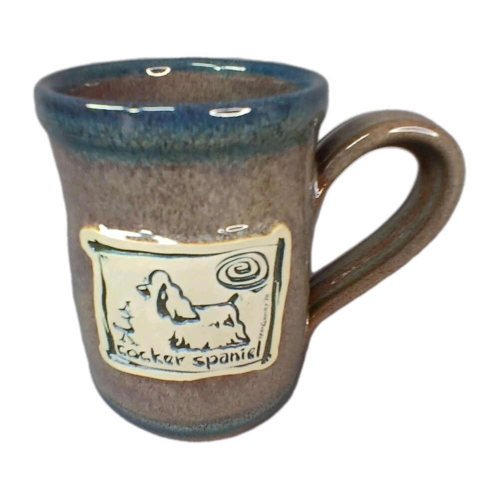 Cocker Spaniel Hand Thrown Pottery Coffee Mug McCartney 1998 Artist Brown Teal
